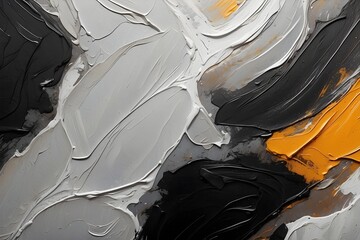 Closeup of abstract black, white and copper orange texture background painting. Visible oil, acrylic brushstroke, pallet knife paint on canvas. Contemporary art painting.	