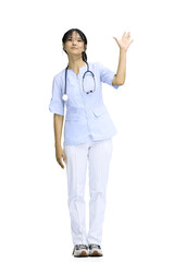 The doctor's girl, on a white background, in full height, waving her hand