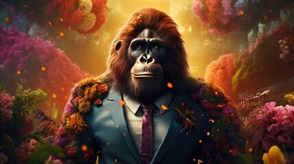 imaginative animal idea. An orangutan wearing a sharp suit is surrounded by a fantastical garden scene with blooming flowers. banner card for commercial and journalistic advertising
