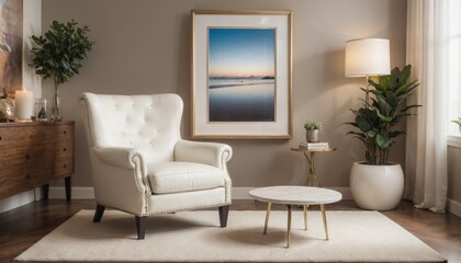 interior design living room with red chair and picture mockup on a wall and a white chair