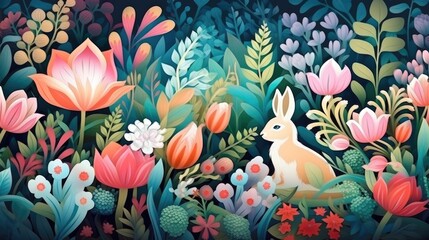 Cute Spring Easter Bunny background. Happy Easter watercolor illustration with cute Easter rabbit, eggs, spring flowers in pastel colors. For greeting card, banner, poster, cover, template. - obrazy, fototapety, plakaty