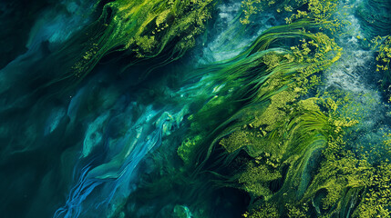A massive algae bloom in the lake creates a flowing, organic pattern with vibrant greens and blues. Landscapes illustration, aerial view, Generative AI - obrazy, fototapety, plakaty