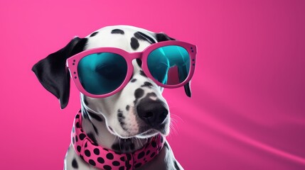 imaginative animal idea. A Dalmatian puppy wearing sunglasses is depicted in a commercial or editorial advertisement in a surrealistic manner