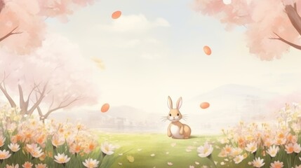 Cute Spring Easter Bunny background. Happy Easter watercolor illustration with cute Easter rabbit, eggs, spring flowers in pastel colors. For greeting card, banner, poster, cover, template.