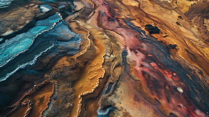 Naklejka premium The sprawling, multicolored mineral deposit creates vibrant hues, an otherworldly landscape. Aerial view, Landscapes illustration, Generative AI