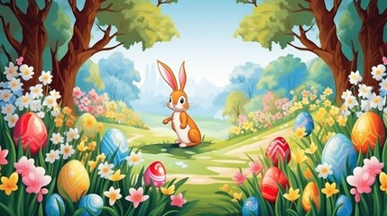 Cute Spring Easter Bunny background. Happy Easter watercolor illustration with cute Easter rabbit, eggs, spring flowers in pastel colors. For greeting card, banner, poster, cover, template.