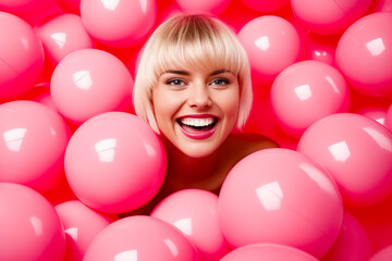Fototapeta na wymiar Woman with blonde hair and blue eyes is surrounded by pink balloons.