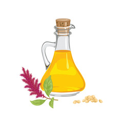 Amaranth oil in glass bottle, flowering plant and heap of seeds isolated on white. Vector cartoon illustration.