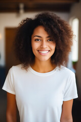 Woman with white shirt and brown afro.