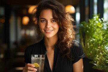Woman holding glass of water and lemon. - obrazy, fototapety, plakaty