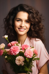 Woman holding bouquet of flowers smiling for the camera.