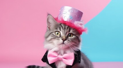 imaginative animal idea. Cat kitten dressed in a party suit with a cone hat, jewelry, and bow tie, isolated on a solid pastel backdrop with copy text space.