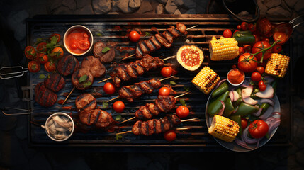 BBQ with grilled food from a top view