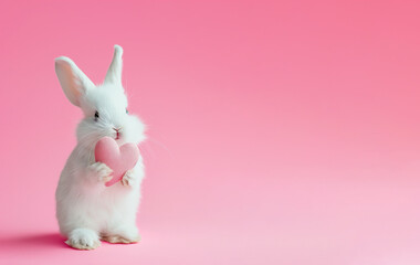 Furry cute white rabbit hold pink heart in romantic pink pastel scene, Valentine's day theme poster with copy space.