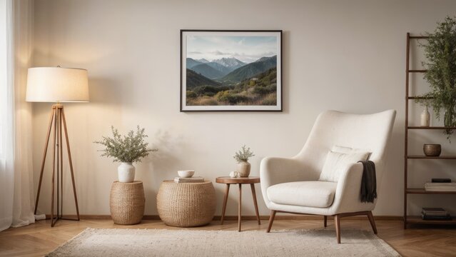 interior design living room with red chair and picture mockup on a wall