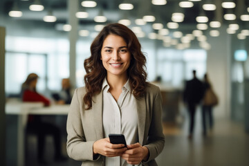 Woman in business suit holding cell phone.