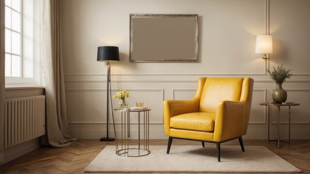 interior design living room with red chair and picture mockup on a wall and a yellow chair