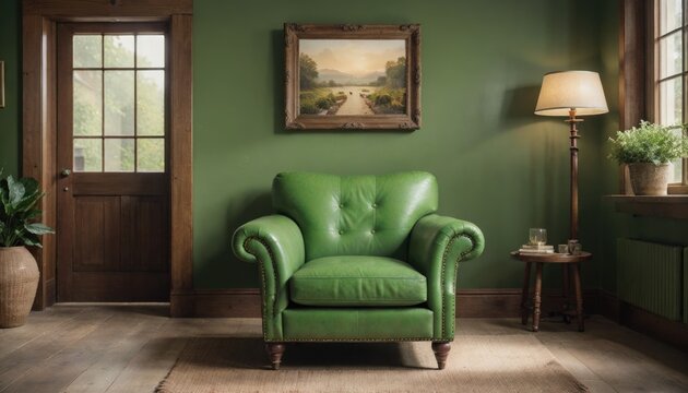 interior design living room with red chair and picture mockup on a wall and a green chair