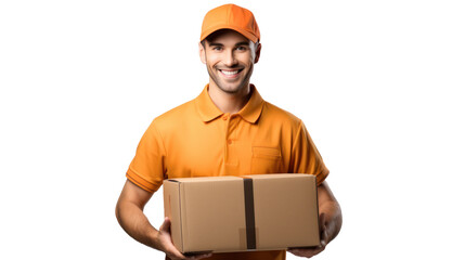Handsome delivery man on white background, Male postman courier, Shipment concept