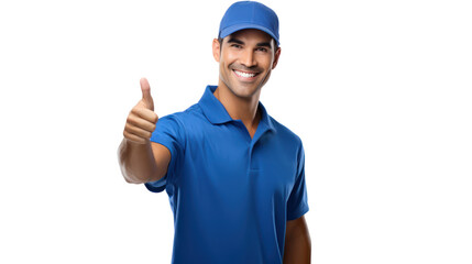 Handsome delivery man on white background, Male postman courier, Shipment concept