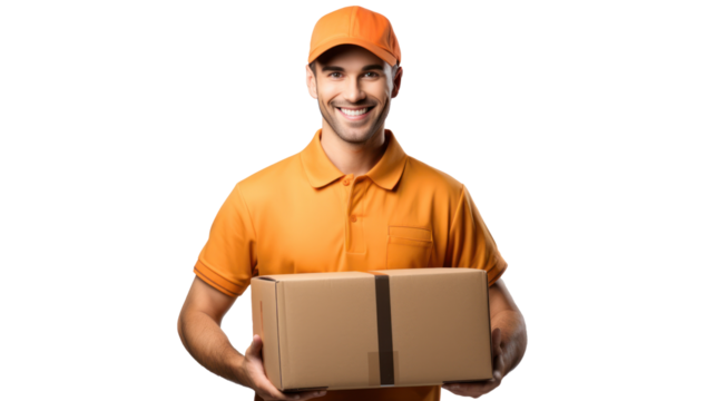 Handsome delivery man on white background, Male postman courier, Shipment concept