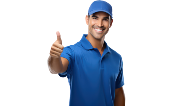 Handsome delivery man on white background, Male postman courier, Shipment concept - Powered by Adobe