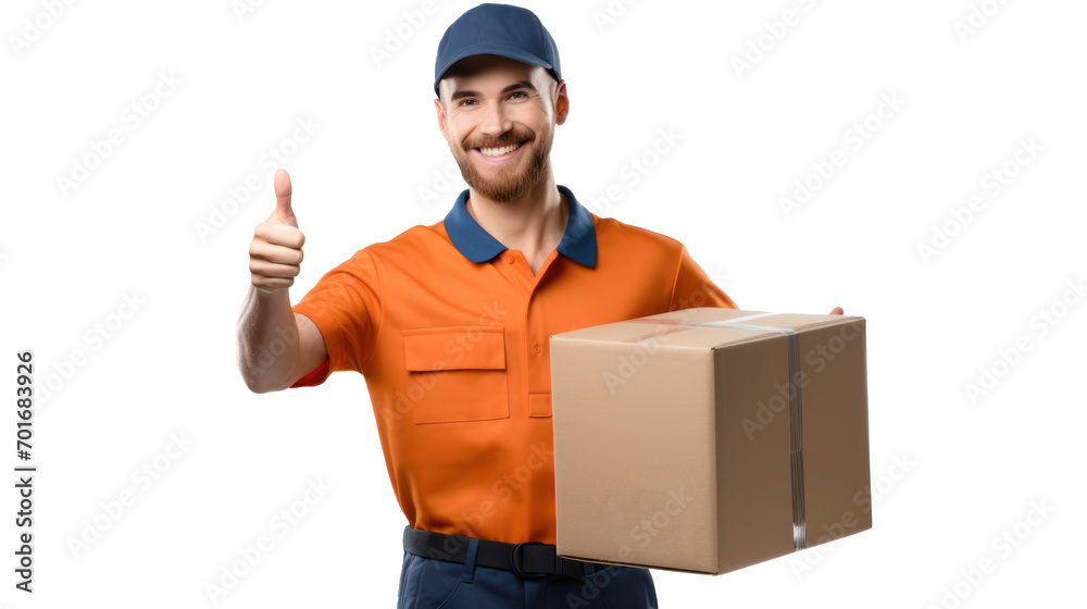 Wall mural Handsome delivery man on white background, Male postman courier, Shipment concept