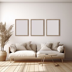 a minimalist living room with a plush white sofa, three empty picture frames on the wall, a potted dried plant,  natural light,Mock up,background Product