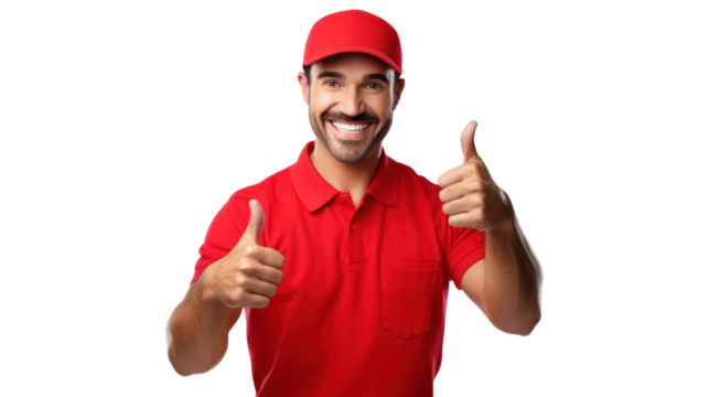 Handsome delivery man on white background, Male postman courier, Shipment concept