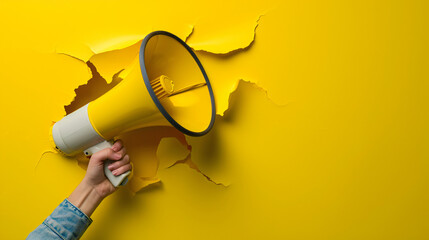 megaphone trough ripped paper on yellow background, marketing concept - obrazy, fototapety, plakaty