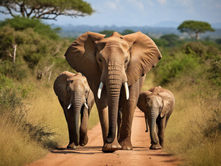 Fototapeta na wymiar A family of elephants gracefully walks through a scenic landscape, creating a heartwarming sight.