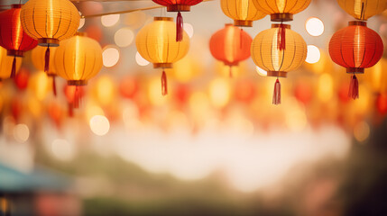 warm glow of hanging red and yellow lanterns, creating a festive and inviting atmosphere, likely during a celebration or festival.,Chinese new year background - obrazy, fototapety, plakaty