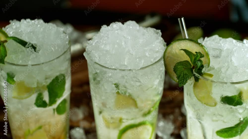 Aufkleber super slow motion of preparing mojito drinks with speed motion. filmed on high speed cinema camera, 