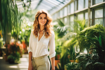 portrait of woman walking in indoor botanical garden, smiling. A nature loving business woman escaping busy city life in and enjoying peaceful botanical garden.