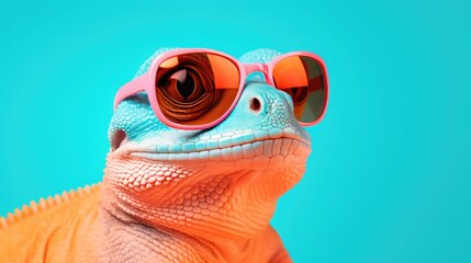 imaginative animal idea. Gecko lizard wearing sunglasses, isolated on a solid pastel background, for use in editorial or commercial advertisements