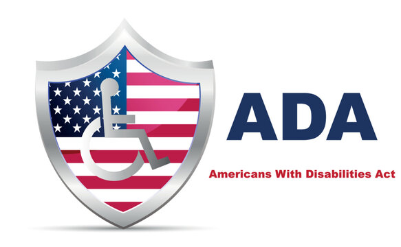 ADA, Americans with Disabilities Act. Shield with USA flag and wheelchair on a white background. information poster