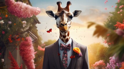 imaginative animal idea. Giraffe in a sharp suit, surrounded by a fantastical garden scene with blooming flowers. banner card for commercial and journalistic advertising - obrazy, fototapety, plakaty