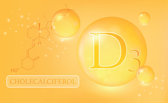 Vitamin, D3, cholecalciferol, water drops, capsule on an orange gradient background. Vitamin complex with chemical formula. Information medical poster.