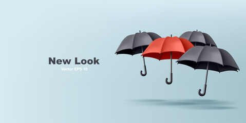 Realistic rain umbrella 3d render illustration of red and black umbrellas, fashion - obrazy, fototapety, plakaty