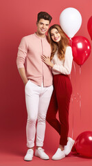 Cheerful young couple with heart shaped balloons on red background, Valentine concept