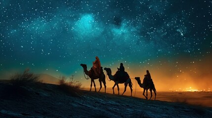 the three wise men of the east on their camels riding through the desert one night following the star of Bethlehem - obrazy, fototapety, plakaty
