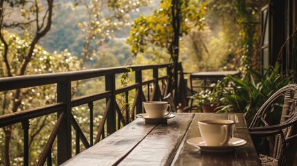 An elegant table with a cup of coffee overlooking a lush forest. A carefree place where you can enjoy a moment of silence and nature