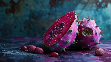 Fresh Cut Open Dragon Fruit with Vibrant Pink Flesh and Black Seeds, Whole and Sliced Exotic Pitaya Fruit on Textured Blue Background