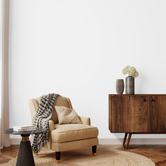  Free PNG wallpaper mockup in living room interior background, 3D rendering © Visio3Design