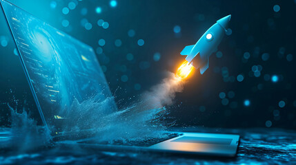 Rocket Launching Through Laptop Screen: A Metaphor for Business Innovation, Digital Expansion, and Technological Advancement in Modern Enterprises.