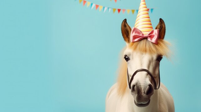 imaginative animal idea. Horse dressed for a party wearing a cone hat, a necklace, and a bow tie, isolated on a copy text space with a solid pastel background. invite to a birthday party