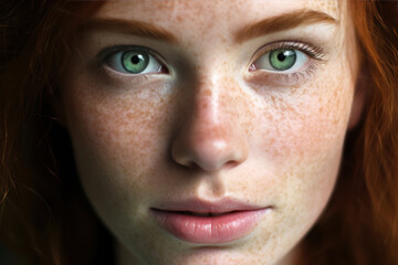 Close up portrait of a beautiful ginger girl with beautiful expressive green eyes