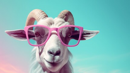 imaginative animal idea. Ibex wearing sunglass shades on solid pastel background for editorial or commercial campaign using surreal surrealism