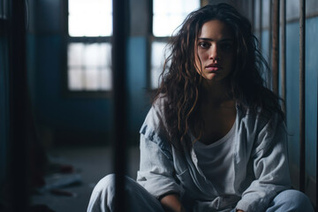 A young Hispanic woman in her late 20s, looking distressed, in a strait jacket, in a room with a plain bed and a small, high window in a mental hospital