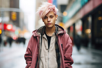 A young American man with androgynous looks, sporting a trendy, urban outfit in downtown New York City